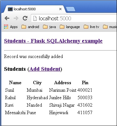 Flask SQLAlchemy示例输出